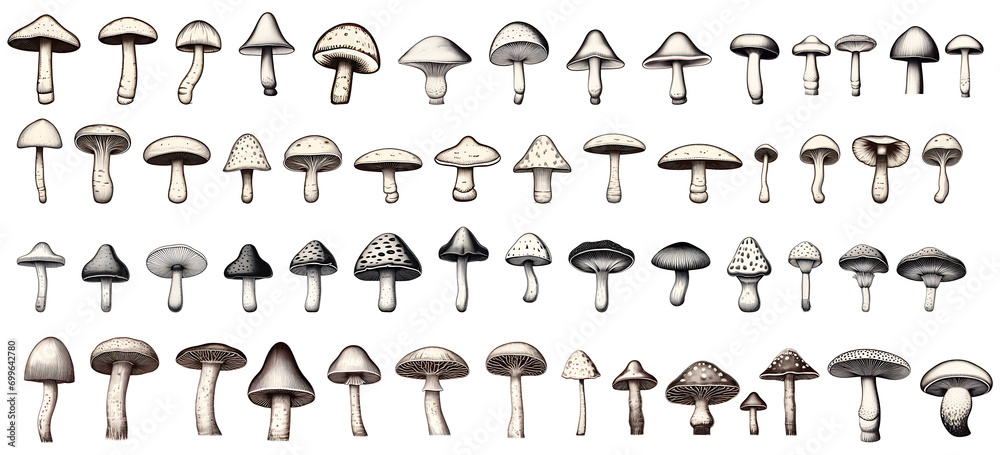 Vintage mushroom sketches set on transparent background. mushroom png bundle