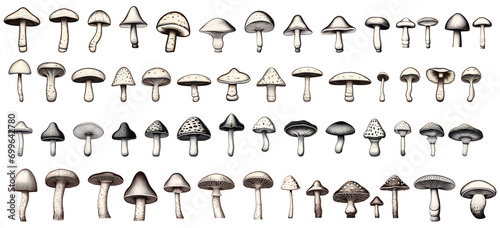 Vintage mushroom sketches set on transparent background. mushroom png bundle