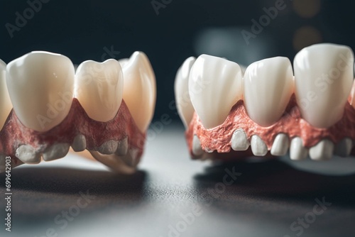 A comparison of healthy teeth and teeth with gum disease. Generative AI photo