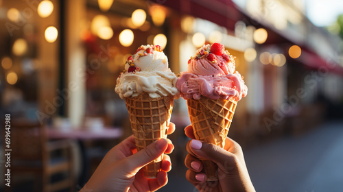 Two young women s hands holding ice cream cones in summer