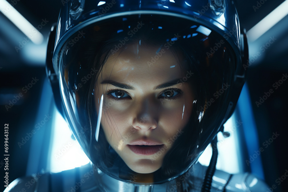 Generative AI picture of astronaut spaceman woman do space walk working space station in outer space futurism Generative AI picture of astronaut spaceman woman do space walk working space station in outer space futurism