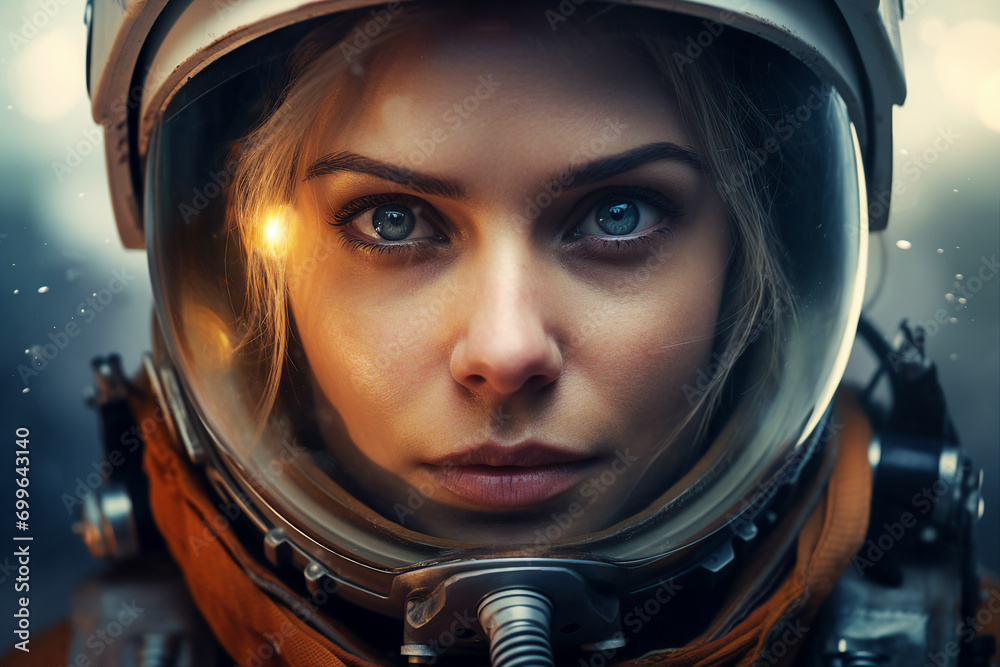 Generative AI picture of astronaut spaceman woman do space walk working space station in outer space futurism Generative AI picture of astronaut spaceman woman do space walk working space station in outer space futurism
