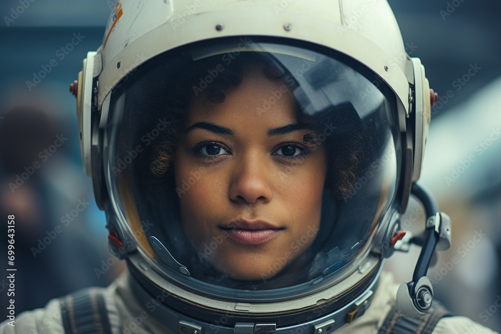 Generative AI picture of astronaut spaceman woman do space walk working space station in outer space futurism Generative AI picture of astronaut spaceman woman do space walk working space station in outer space futurism