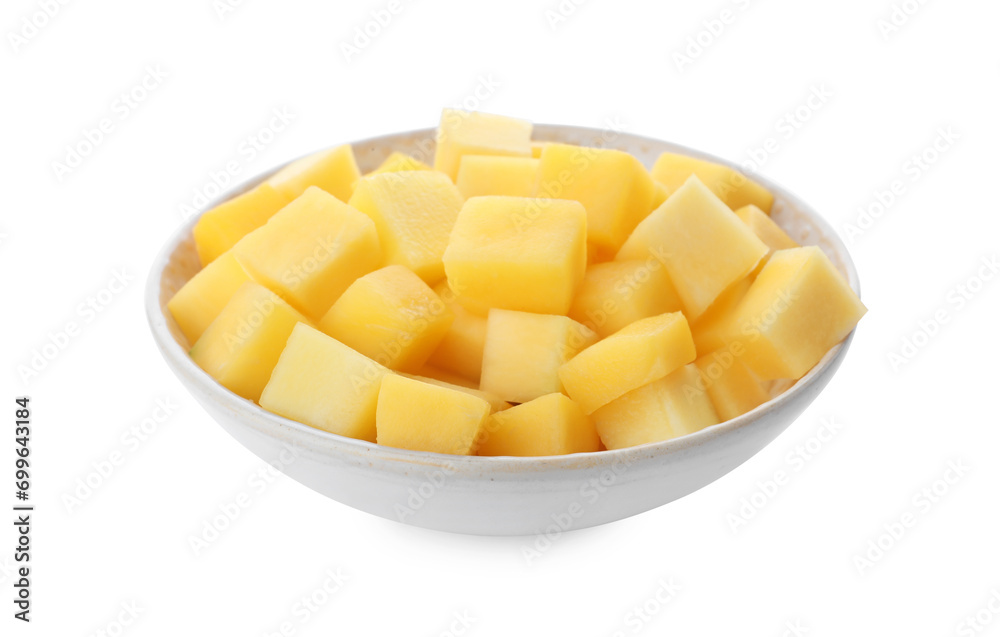 Tasty mango cubes in ceramic bowl isolated on white Tasty mango cubes in ceramic bowl isolated on white