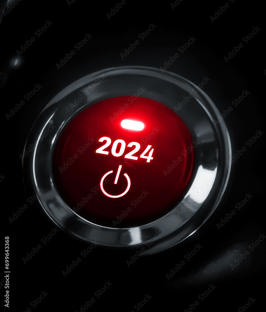 Fototapeta premium 2024 New Year Push Button in Red Color with glowing light and text on it, backdrop design