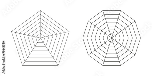 Pentagon graph. Set of polygon radar spider templates. Spider mesh. Collection of blank radar charts. Flat web diagrams for statistic, analytics. Vector outline illustration. Eps. photo