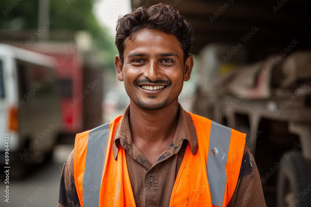 Obraz premium Generative AI picture of dustman who keeps streets clean and takes away trash city service