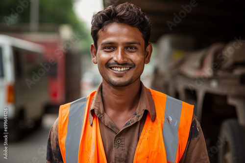 Generative AI picture of dustman who keeps streets clean and takes away trash city service photo