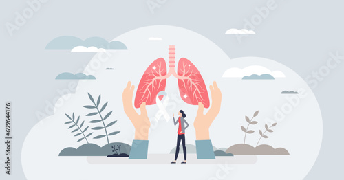 Tuberculosis awareness or TB lung bacterial infection tiny person concept. Respiratory illness with medical pathology vector illustration. Bronchitis, asthma, cancer or bronchial health condition. photo