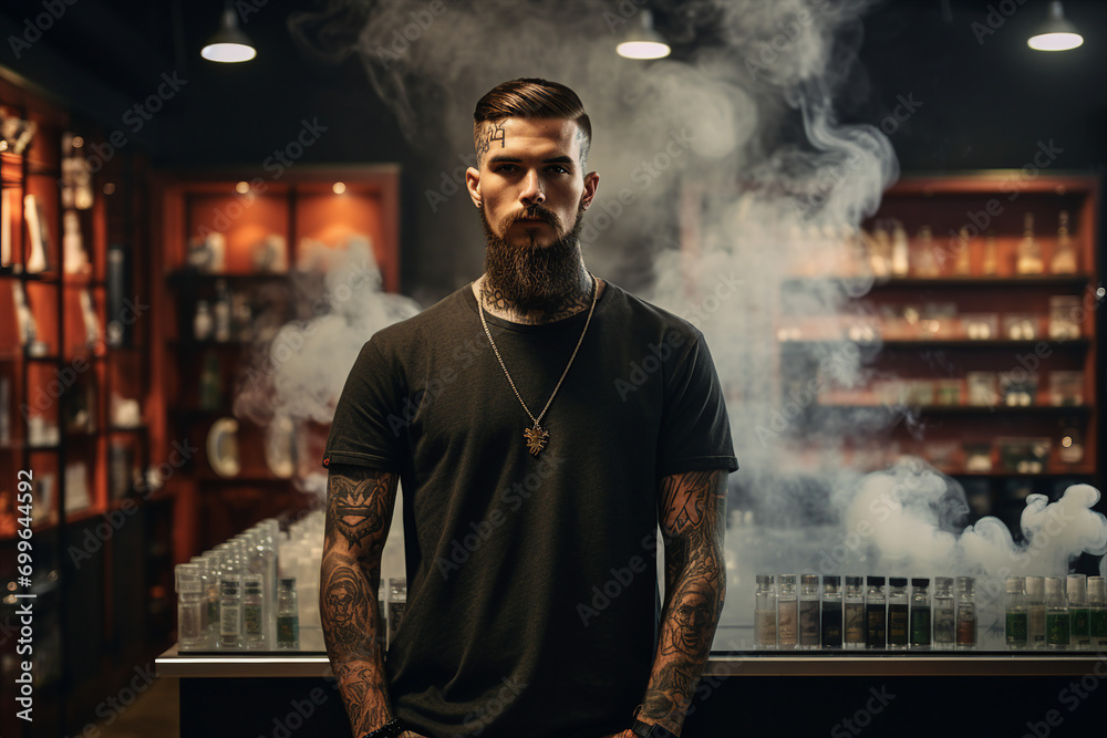 Picture of brutal serious tattooed modern man in pub made with generative ai Picture of brutal serious tattooed modern man in pub made with generative ai