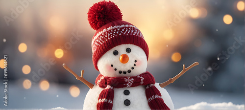 Snowman in hat and scarf on snow with bokeh background. new year and Christmas concept © UN