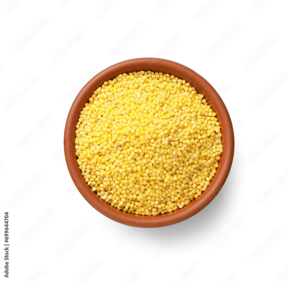 Dry millet seeds in bowl isolated on white, top view Dry millet seeds in bowl isolated on white, top view