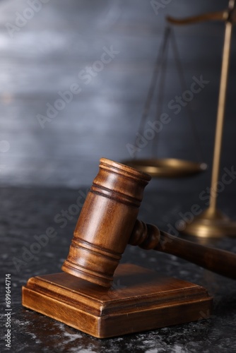 Law concept. Judge's gavel on dark table, closeup