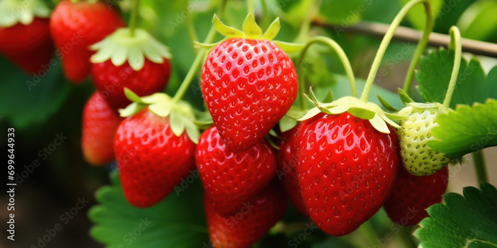 Fresh and juicy red strawberry on the tree branch Fresh and juicy red strawberry on the tree branch