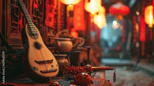 A traditional Chinese scene featuring a pipa, a stringed musical instrument, set against a backdrop of red lanterns and cultural decorations. photo