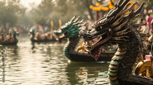 The majestic heads of dragon boats with ornate designs float on murky waters during a traditional Chinese parade, with spectators in the background. © Ярослава Малашкевич
