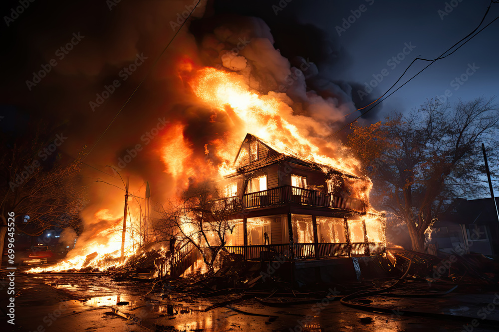 Burning wooden house with flames with long tongues and smoke in real estate at town street at night Burning wooden house with flames with long tongues and smoke in real estate at town street at night