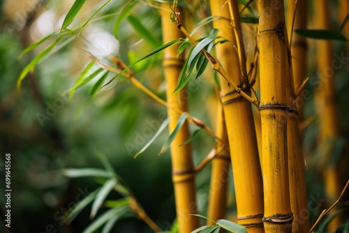 The photograph showcases the lush greenery and golden hues of bamboo stalks  symbolizing strength and resilience in Chinese culture  often associated with the New Year for their lucky qualities.
