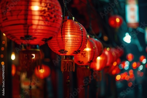 Rows of red paper lanterns glowing in the dark with Chinese characters