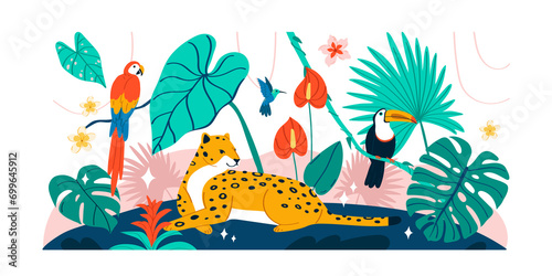 Canvas Print Hand drawn exotic flora and fauna illustration with wild animals and tropical pl