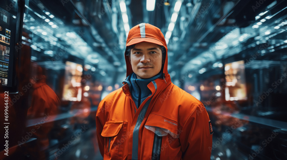 Young male engineer or worker standing confidently at factory