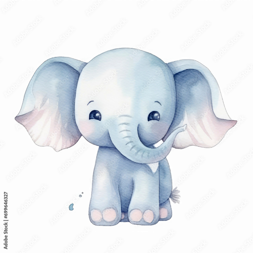 Watercolor cute baby elephant on white background