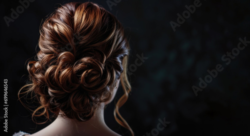 Beautiful women's hairstyle, styling. On a dark background. Back view.
