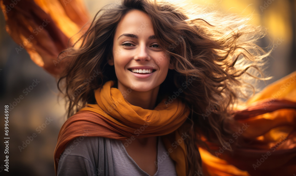 Fototapeta premium Joyful Woman with Flowing Scarf and Warm Smile Embracing Autumn Colors in a Softly Lit, Artistic Portrait
