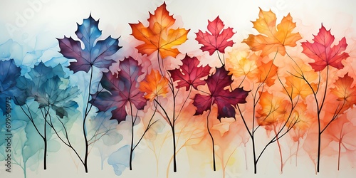 Watercolor abstract background autumn collection with maple and seasonal leaves