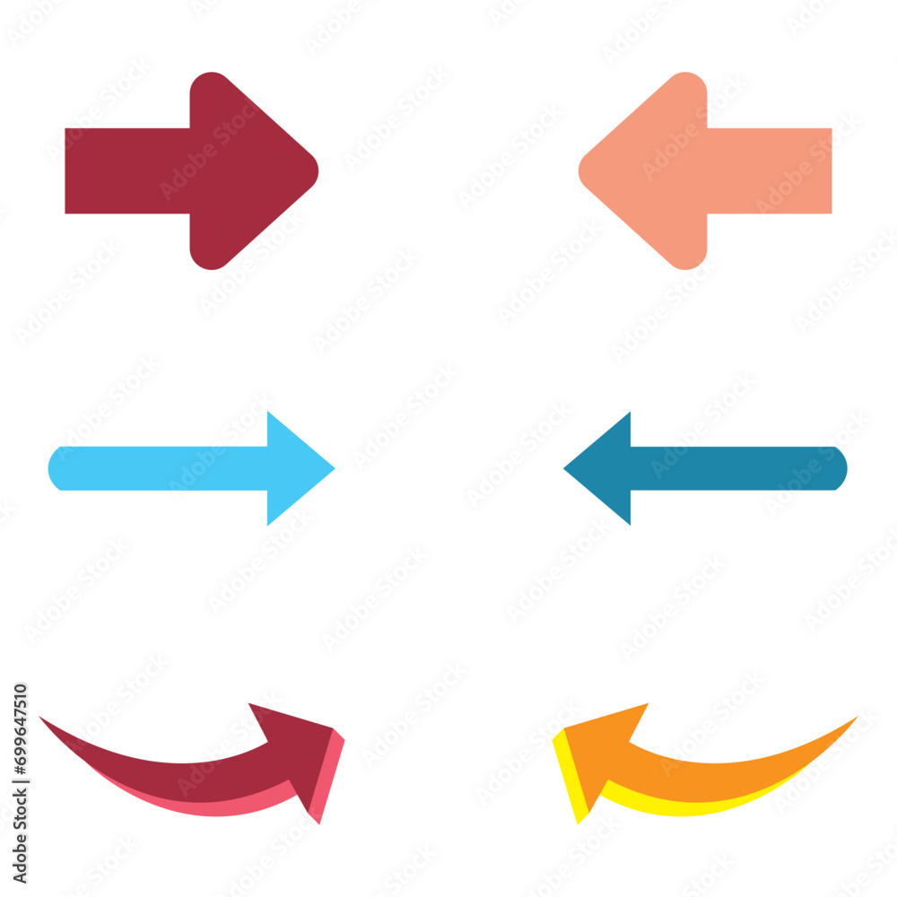 Arrow right icons set. Color arrow symbols. Collection curved arrows. Modern flat simple arrows isolated. Vector graphic elements. Arrow right icons set. Color arrow symbols. Collection curved arrows. Modern flat simple arrows isolated. Vector graphic elements.