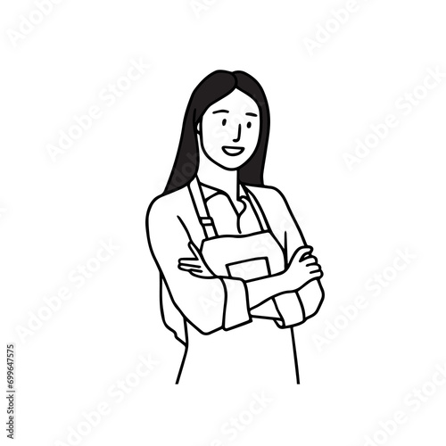 An illustration of a woman wearing an apron and arm in arm. A hand-drawn line illustration.