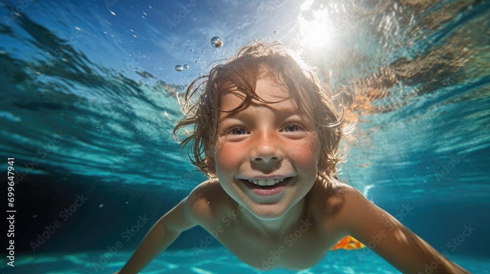 Cute smiling child having fun swimming and diving in the pool at the resort on summer vacation. Sun shines under water and sparkling water reflection. Activities and sports to happy kid - obrazy, fototapety, plakaty 