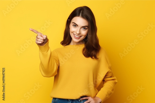 Portrait of a happy young woman pointing gesture on isolated yellow background generative AI