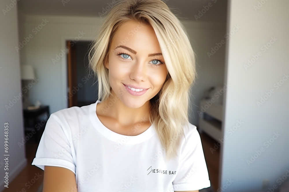 happy young woman taking a selfie generative AI happy young woman taking a selfie generative AI