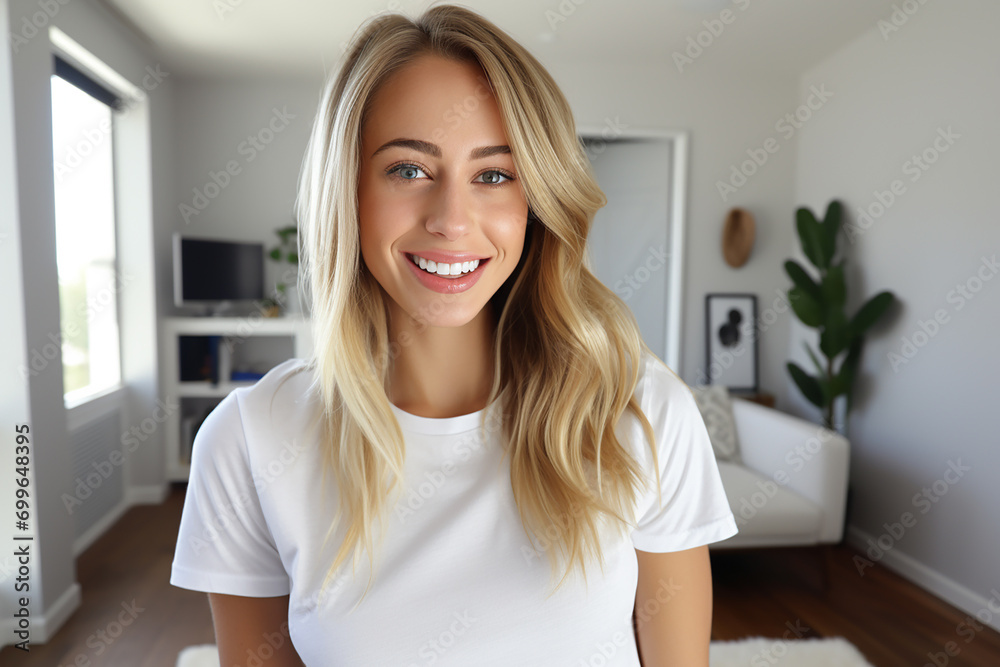 happy young woman taking a selfie generative AI happy young woman taking a selfie generative AI