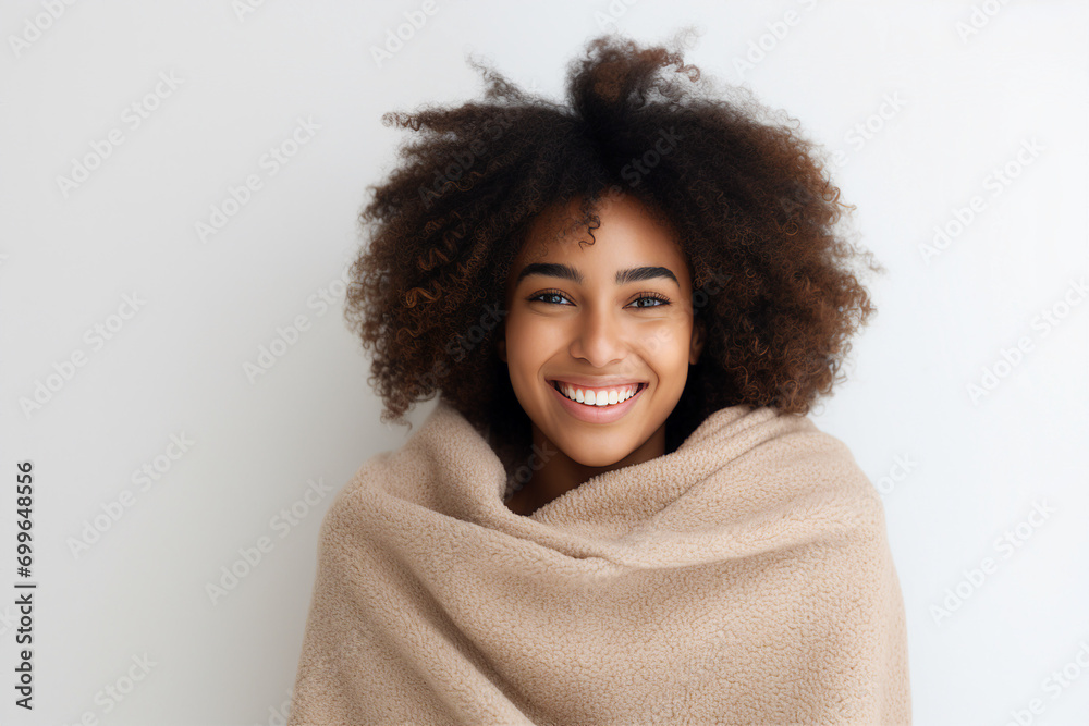 Generative ai image of cheerful positive person wrapped in blanket isolated on grey color background Generative ai image of cheerful positive person wrapped in blanket isolated on grey color background