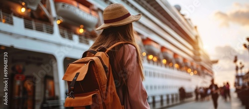 Tourist girl standing in front of cruise ship, backpack and hat.