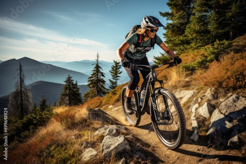 Mountain biking woman riding on bike in summer mountains forest landscape.