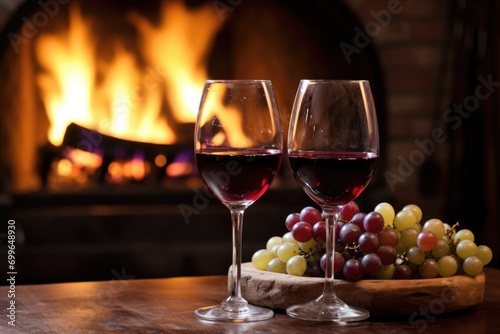 A glass of red wine with grapes on the background of a homemade fireplace.
