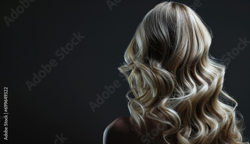 Young blonde woman with beautiful hair on a dark background, rear view.