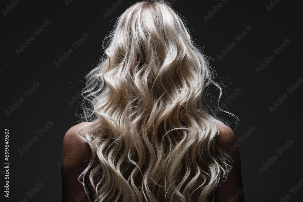 Fototapeta premium Young blonde woman with beautiful hair on a dark background, rear view.