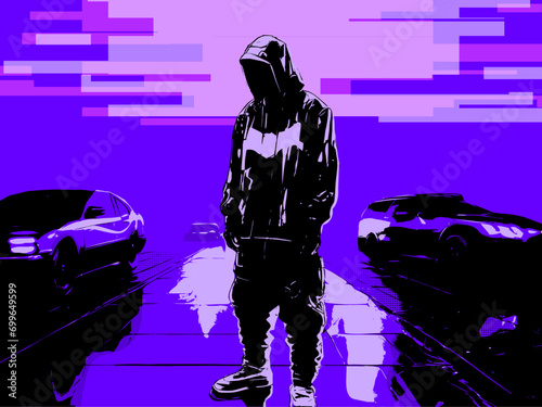 Single Person of Rapper Standing on Street with Light Glitches, Purple Tone, Generative AI Based Cel Vector Art