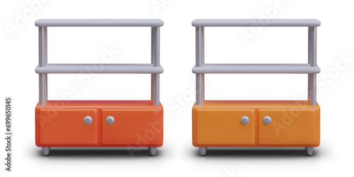 Composition with different wardrobe in orange and red colors. Furniture for storing books and small items concept. Vector illustration in 3d style with shadow