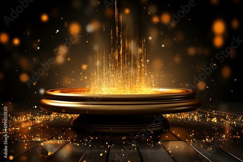 3D Illustration of a Golden Fountain on a Black Background. Podium