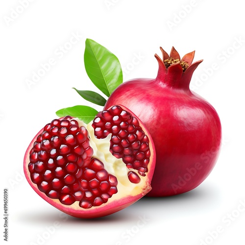 Realistic pomegranate whole, half and seeds with green leaves