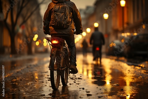 Man riding bicycle on wet street at night, back view. Rainy weather