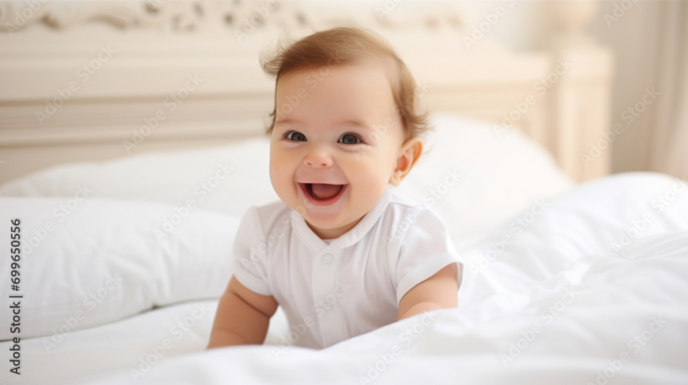 happy smiling baby home bed sitting looking daylight ai visual concept happy smiling baby home bed sitting looking daylight ai visual concept