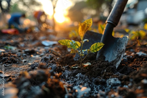 Planting trees, digging the ground with shovel to plant seedlings, nature conservation, against deforestation, ecosystem conservation, respect for nature photo