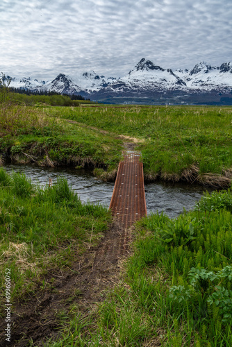 No slip expanded metal mesh  bolted to the planks of a wooden footbridge over a small stream through grassy meadow with snow capped mountains in the background, Shoup Trail, Valdez, Alaska