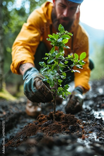 Planting tree, human hands plant young plant, seedling in the ground, saving nature, preserving nature, fresh water in the world, climate, ecosystem, atmosphere of the planet